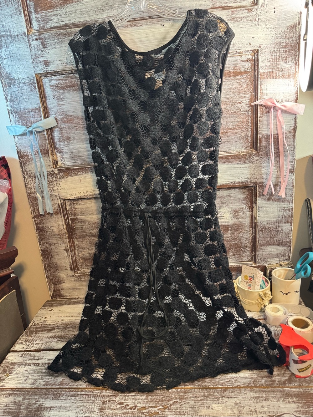 SALE 2 for $10
Black Crochet Swim Coverup Dress with Waist Tie